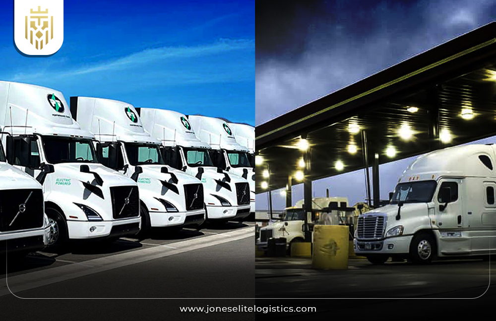 Image of EV trucks and petrol vehicle comparing the emissions | JEL