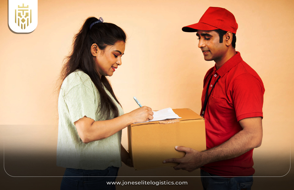 image of delivery person handing the package to consumer | JEL